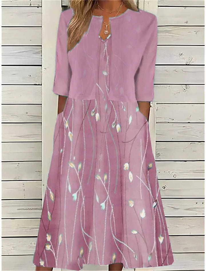 Abito midi da donna a stampa floreale svasato con gilet corto maniche 3/4