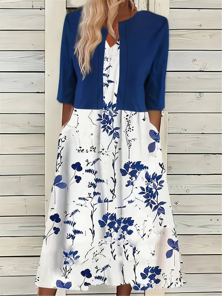 Abito midi da donna a stampa floreale svasato con gilet corto maniche 3/4