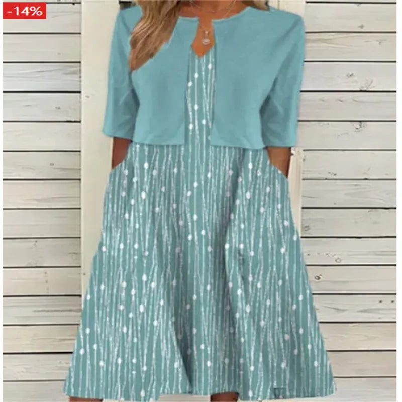 Abito midi da donna a stampa floreale svasato con gilet corto maniche 3/4