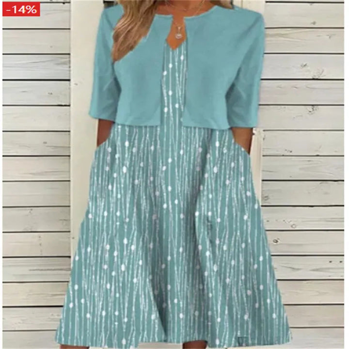 Abito midi da donna a stampa floreale svasato con gilet corto maniche 3/4