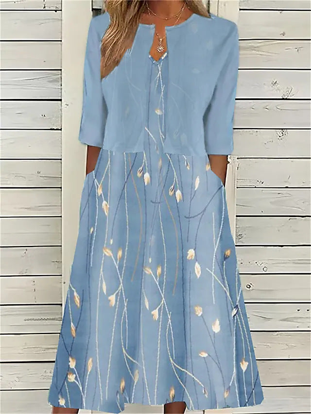 Abito midi da donna a stampa floreale svasato con gilet corto maniche 3/4