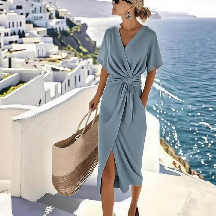 Abito midi donna con scollo a V incrociato, annodato in vita, maniche corte