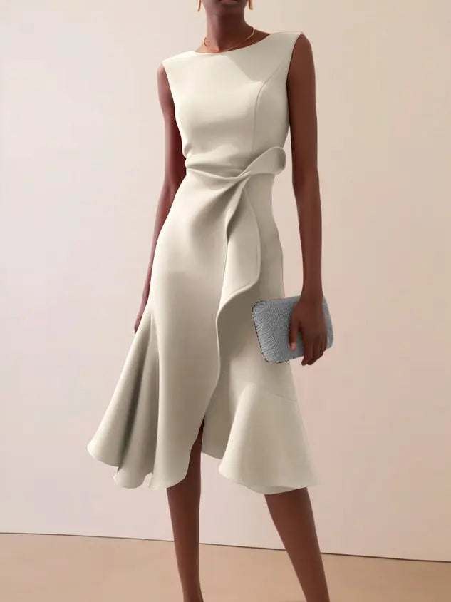 Abito midi da donna senza maniche girocollo drappeggiato orlo asimmetrico