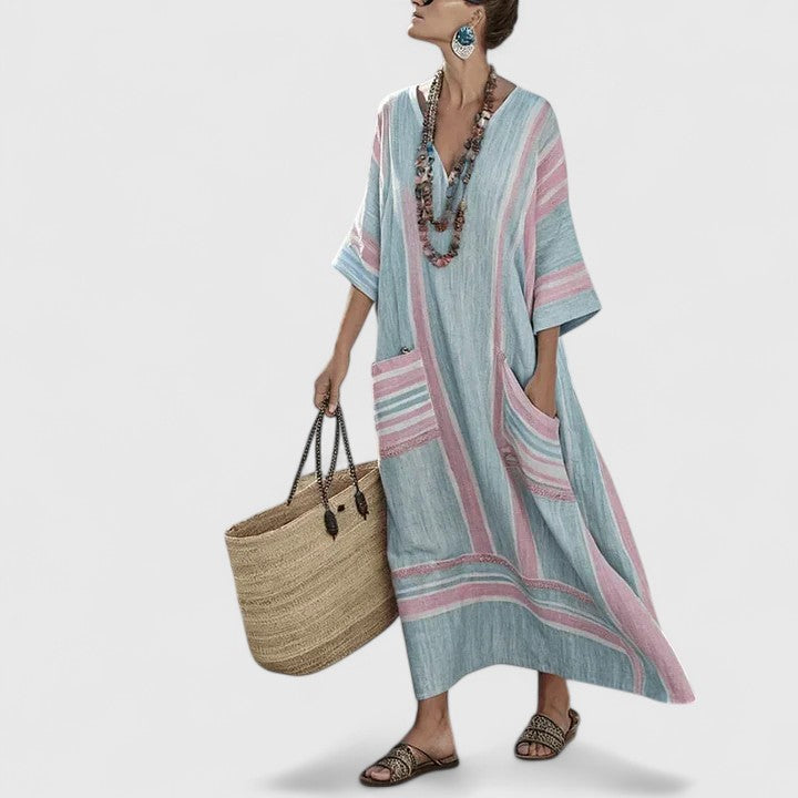 Abito midi da donna a motivi boho, scollo a V, maniche 3/4 ampie