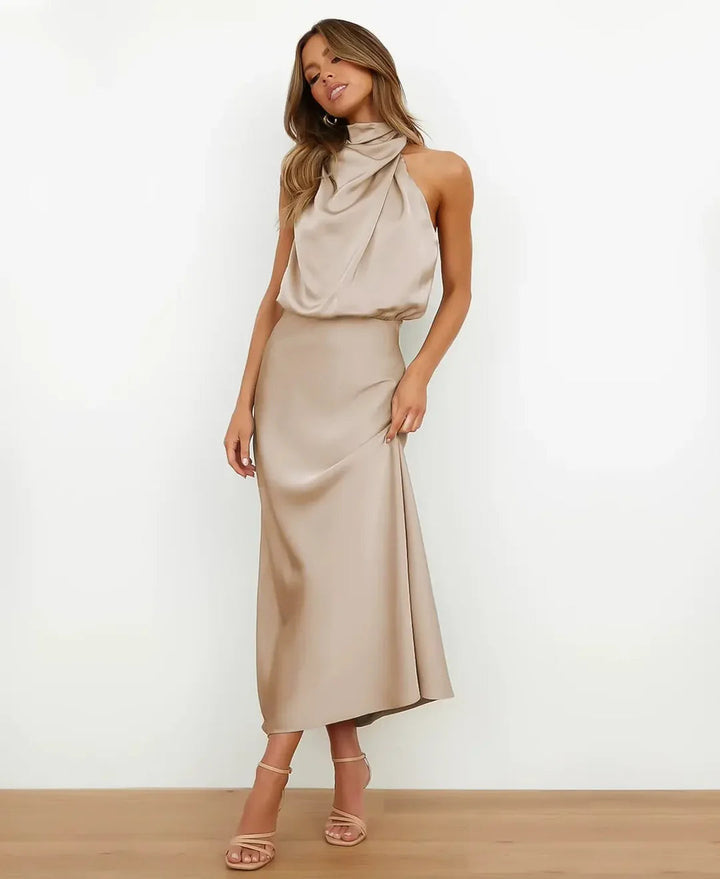 Abito midi da donna con collo halter, drappeggiato, vita aderente, top blusante