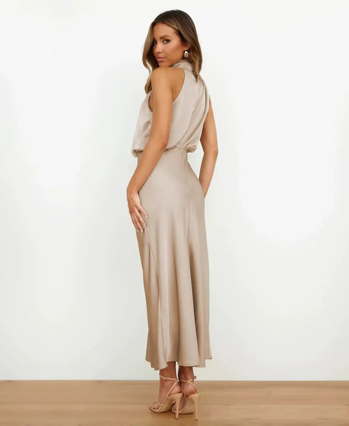 Abito midi da donna con collo halter, drappeggiato, vita aderente, top blusante