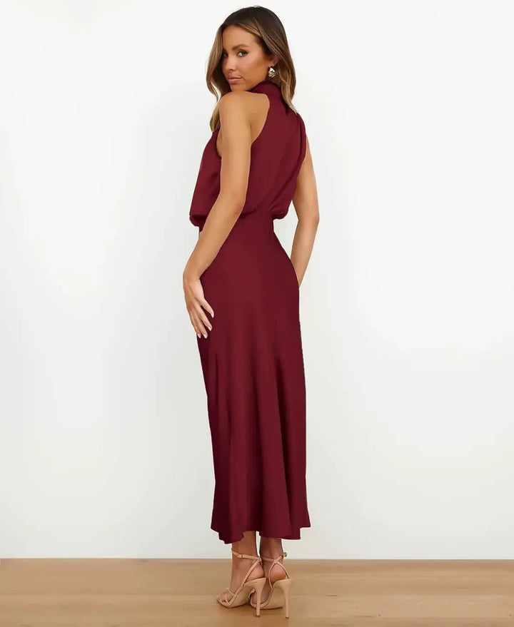 Abito midi da donna con collo halter, drappeggiato, vita aderente, top blusante