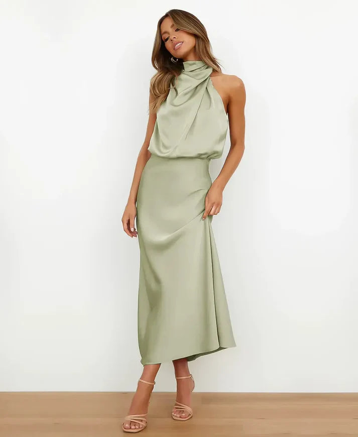 Abito midi da donna con collo halter, drappeggiato, vita aderente, top blusante