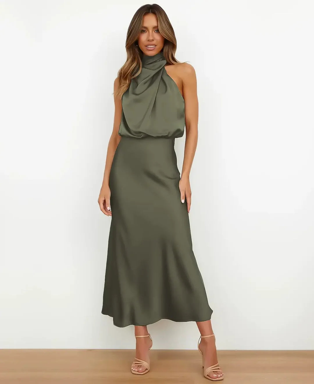 Abito midi da donna con collo halter, drappeggiato, vita aderente, top blusante
