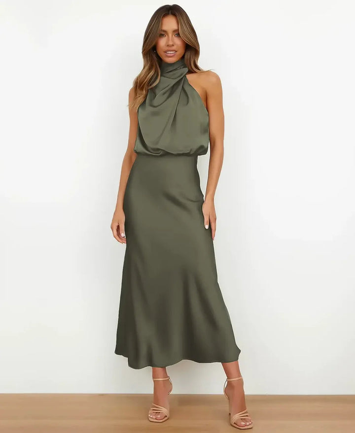Abito midi da donna con collo halter, drappeggiato, vita aderente, top blusante