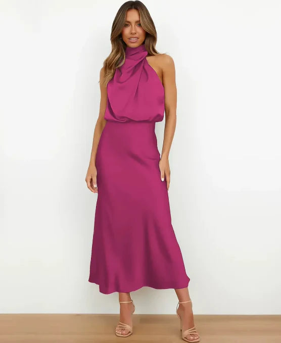 Abito midi da donna con collo halter, drappeggiato, vita aderente, top blusante