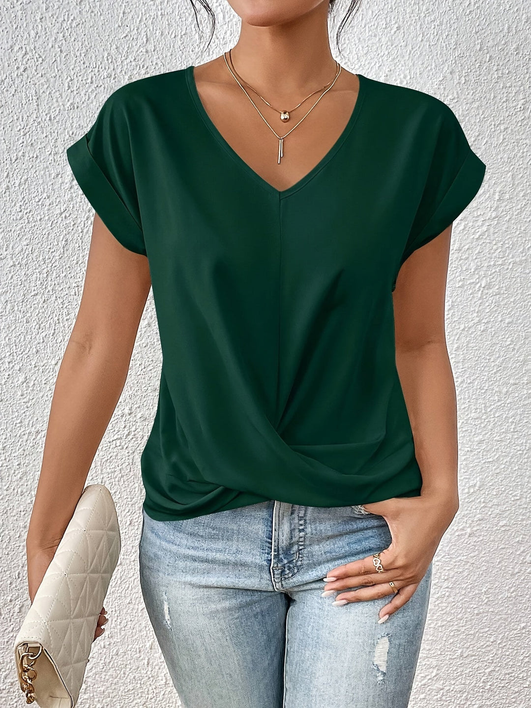 T-shirt donna scollo a V maniche corte davanti intrecciato