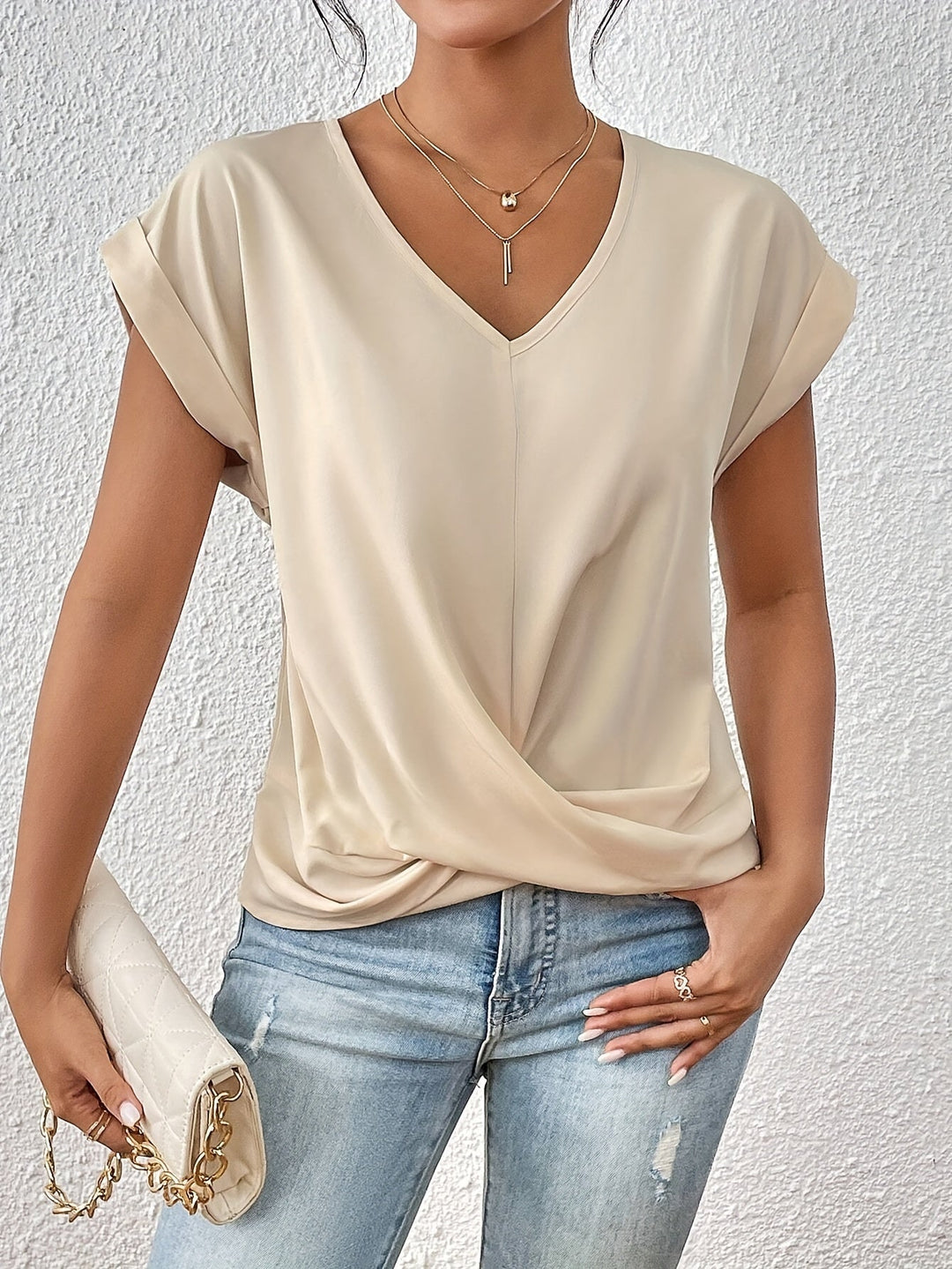 T-shirt donna scollo a V maniche corte davanti intrecciato