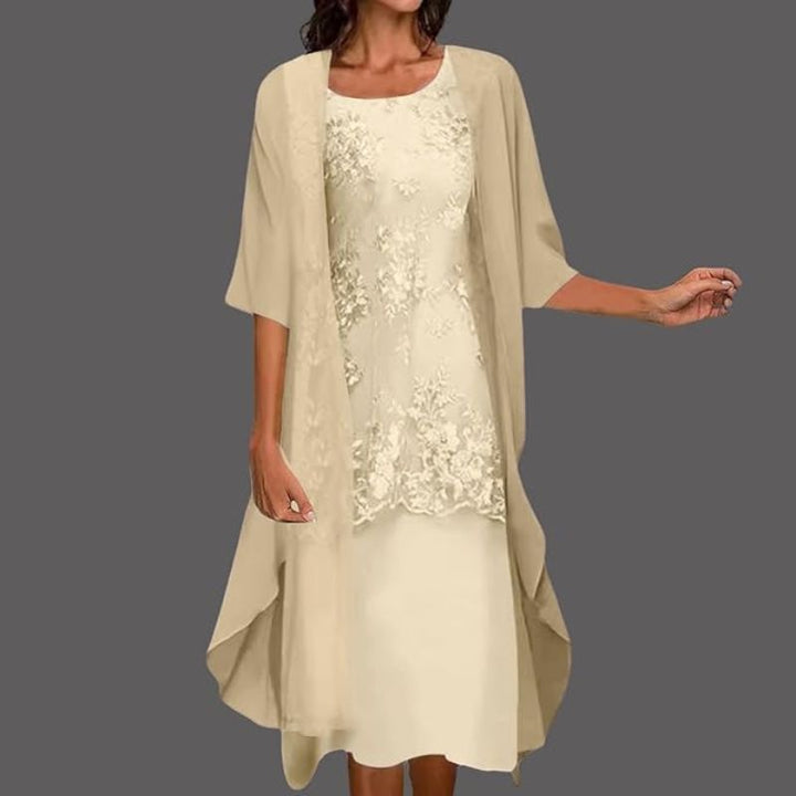 Abito midi da donna con scollo rotondo in pizzo floreale con cardigan fluido