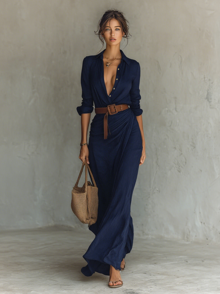 Vestito lungo da donna con colletto a camicia, maniche arrotolate, cintura in vita e tessuto fluido