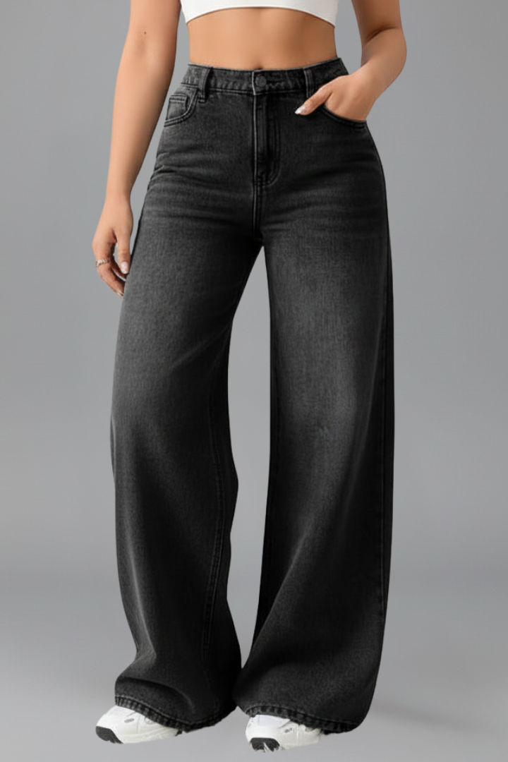 Natasha | Pantaloni Donna in Denim Scuro a Vita Alta e Gamba Larga