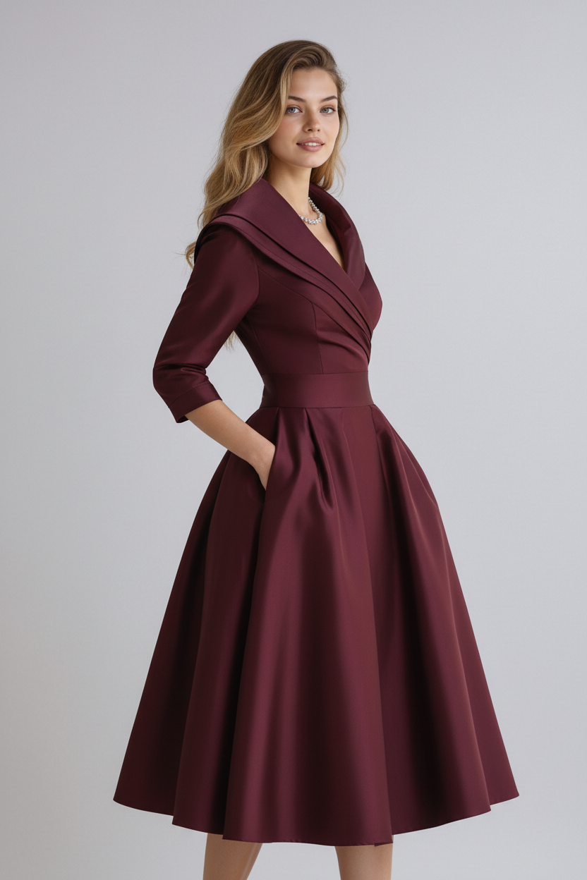 Abito midi da donna con colletto aperto, maniche 3/4, cintura drappeggiata, tasche laterali