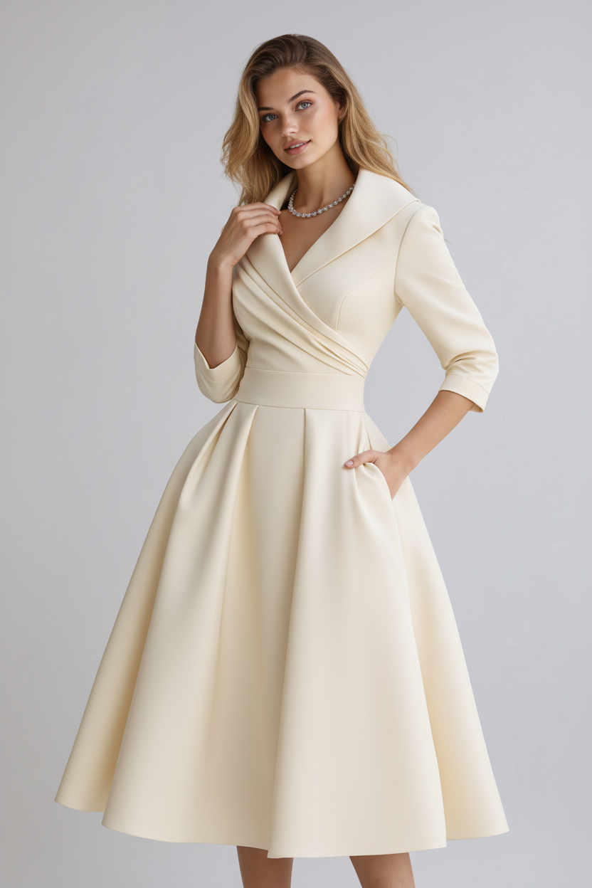Abito midi da donna con colletto aperto, maniche 3/4, cintura drappeggiata, tasche laterali