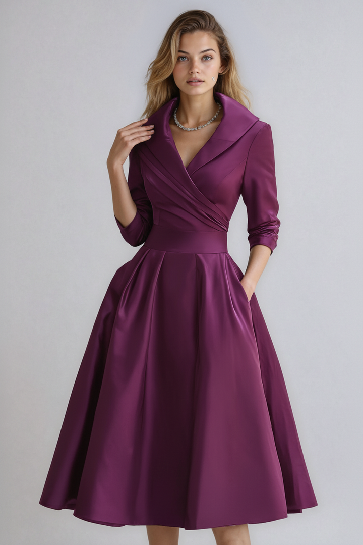 Abito midi da donna con colletto aperto, maniche 3/4, cintura drappeggiata, tasche laterali
