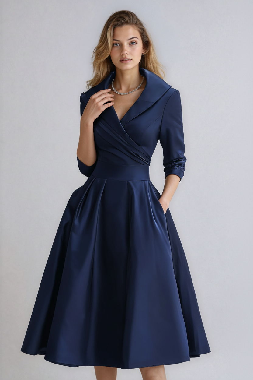 Abito midi da donna con colletto aperto, maniche 3/4, cintura drappeggiata, tasche laterali