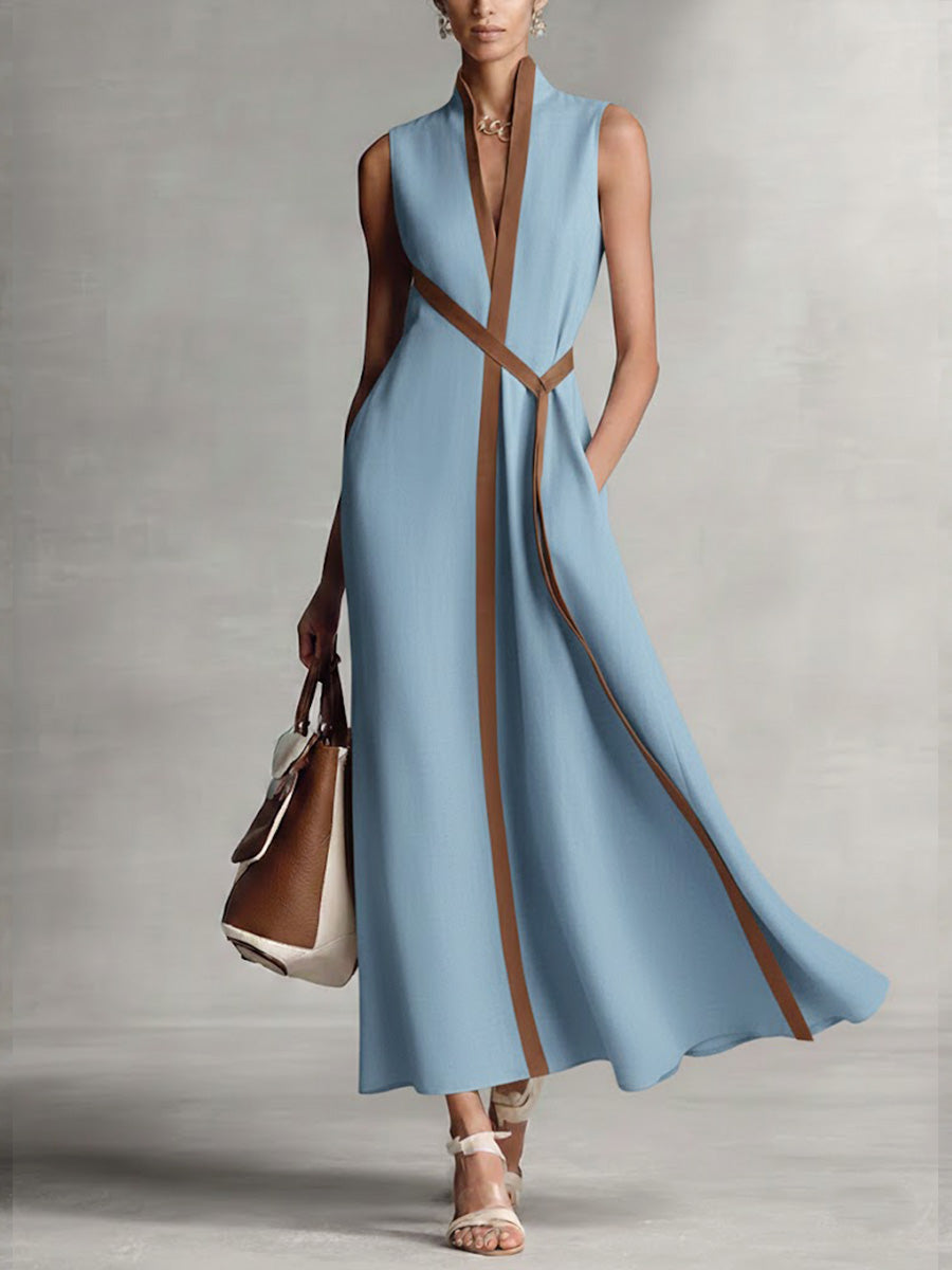Abito midi da donna senza maniche, bordo a contrasto, scollo a V, cintura