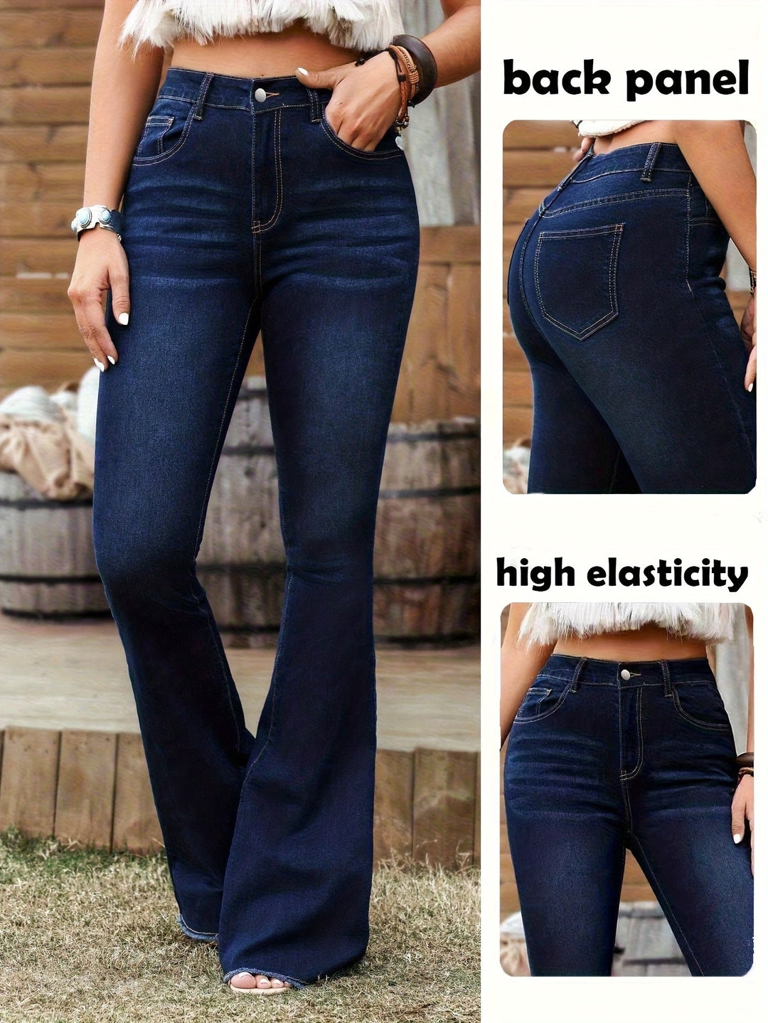Katia | Pantaloni Donna in Denim Scuro a Vita Alta e Gamba Svasata