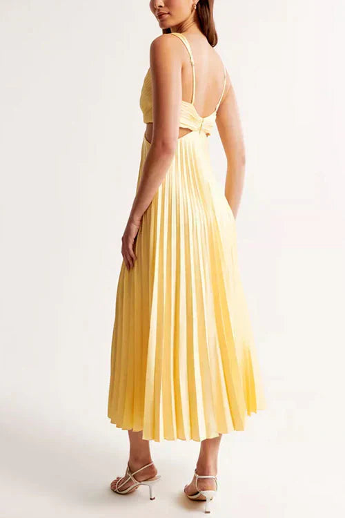 Abito midi da donna scollo a V bretelle sottili plissettato con cut-out vita aderente