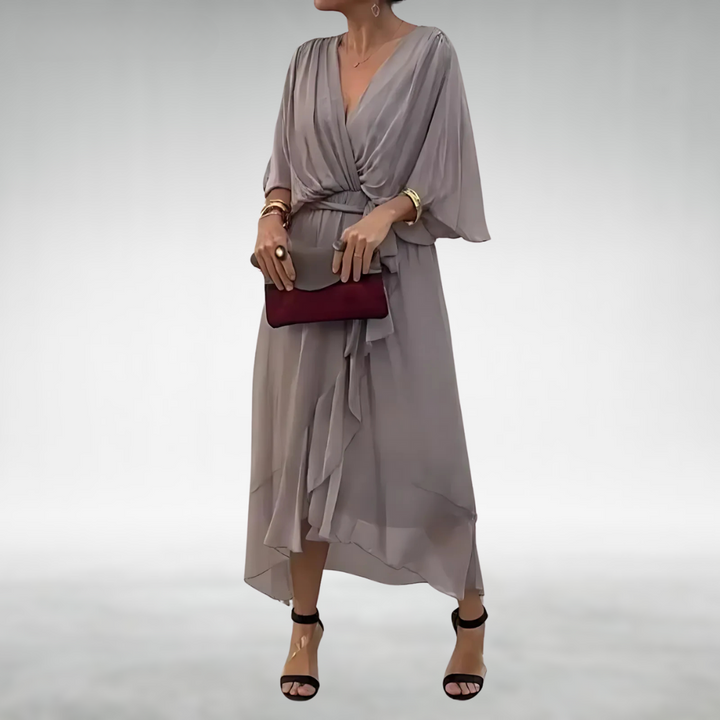 Vestito lungo da donna con scollo a V incrociato, maniche ampie, orlo asimmetrico