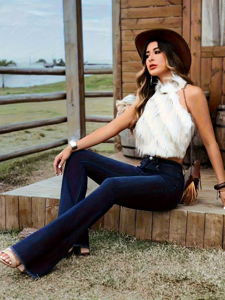Katia | Pantaloni Donna in Denim Scuro a Vita Alta e Gamba Svasata