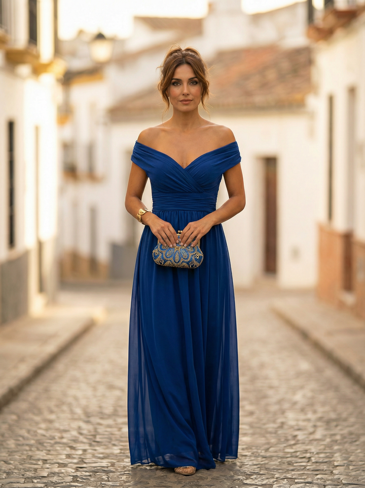 Vestito lungo da donna con Spalle scoperte, scollatura a V, drappeggiato, vita arricciata