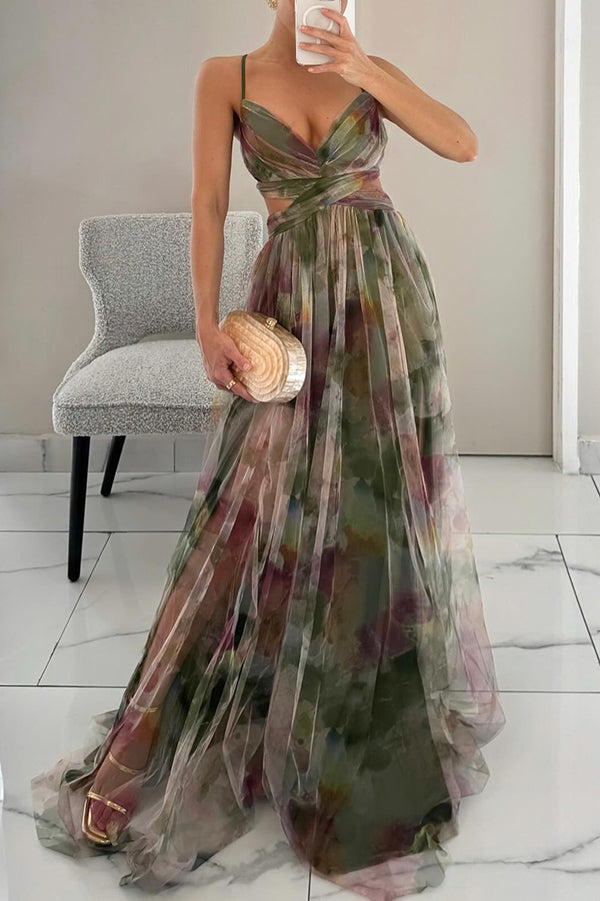 Vestito lungo da donna multicolore con bretelle sottili scollo a V fluido