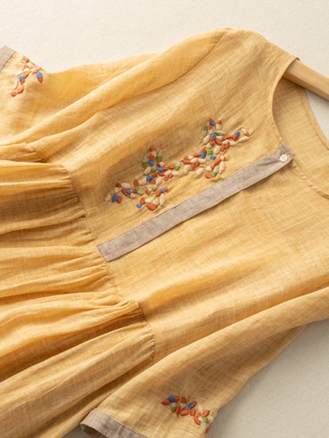Abito midi da donna colletto rotondo maniche 3/4 ricamo etnico vita arricciata