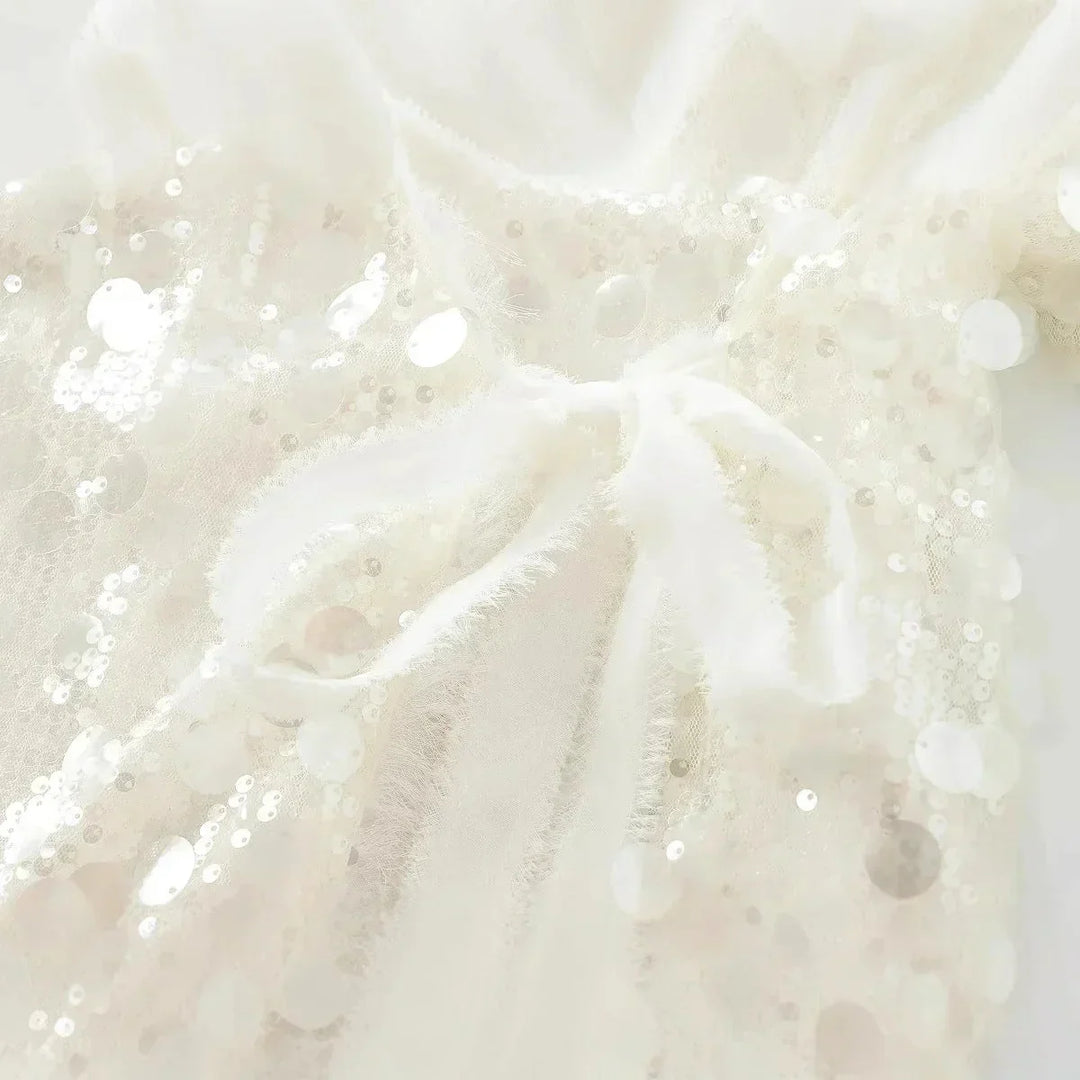 Blusa donna avorio con paillettes e scollo a V
