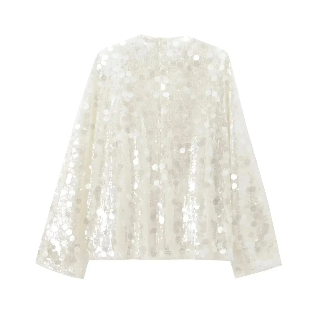 Blusa donna avorio con paillettes e scollo a V