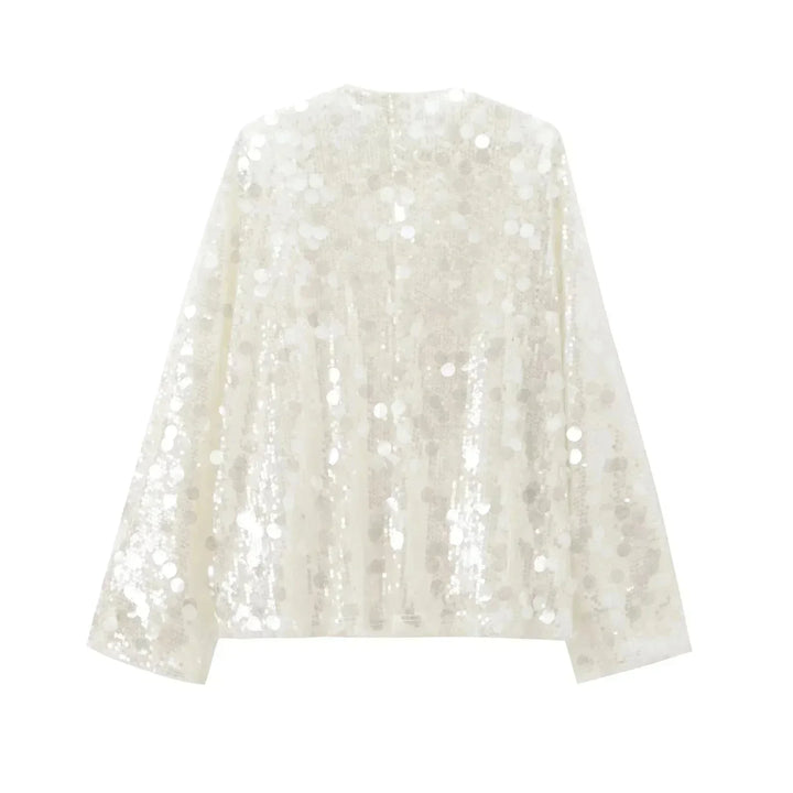 Blusa donna avorio con paillettes e scollo a V