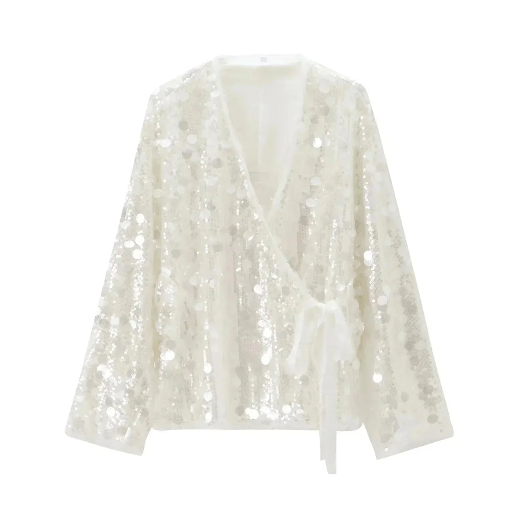 Blusa donna avorio con paillettes e scollo a V
