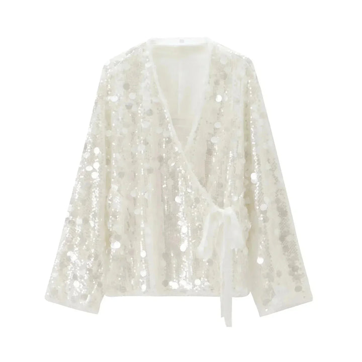 Blusa donna avorio con paillettes e scollo a V