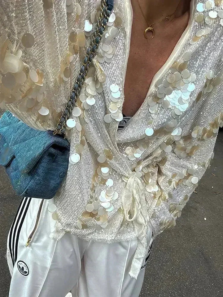 Blusa donna avorio con paillettes e scollo a V