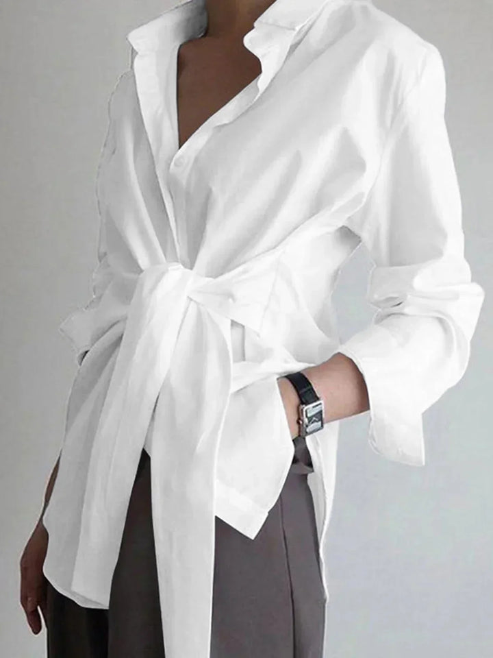 Camicia donna oversize con cintura annodata davanti Manica lunga