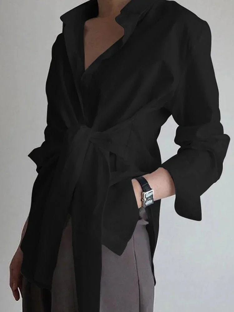 Camicia donna oversize con cintura annodata davanti Manica lunga
