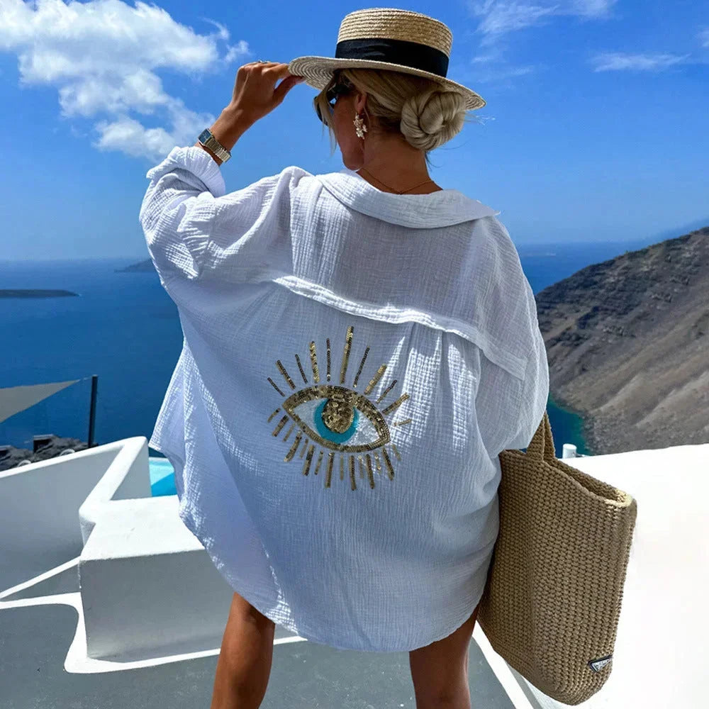 Blusa donna oversize con motivo occhio ricamato