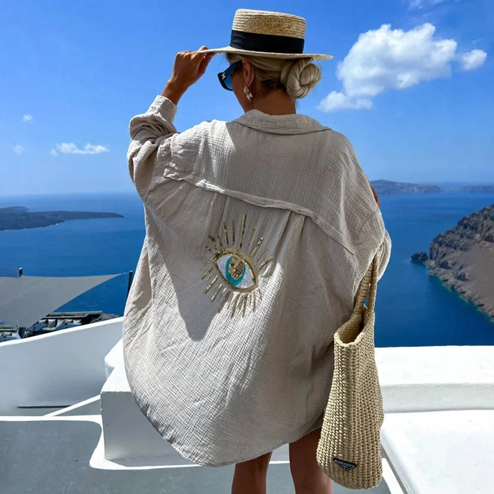 Blusa donna oversize con motivo occhio ricamato