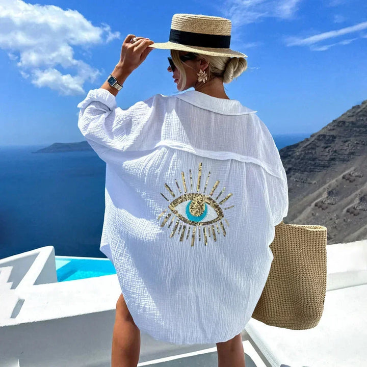 Blusa donna oversize con motivo occhio ricamato