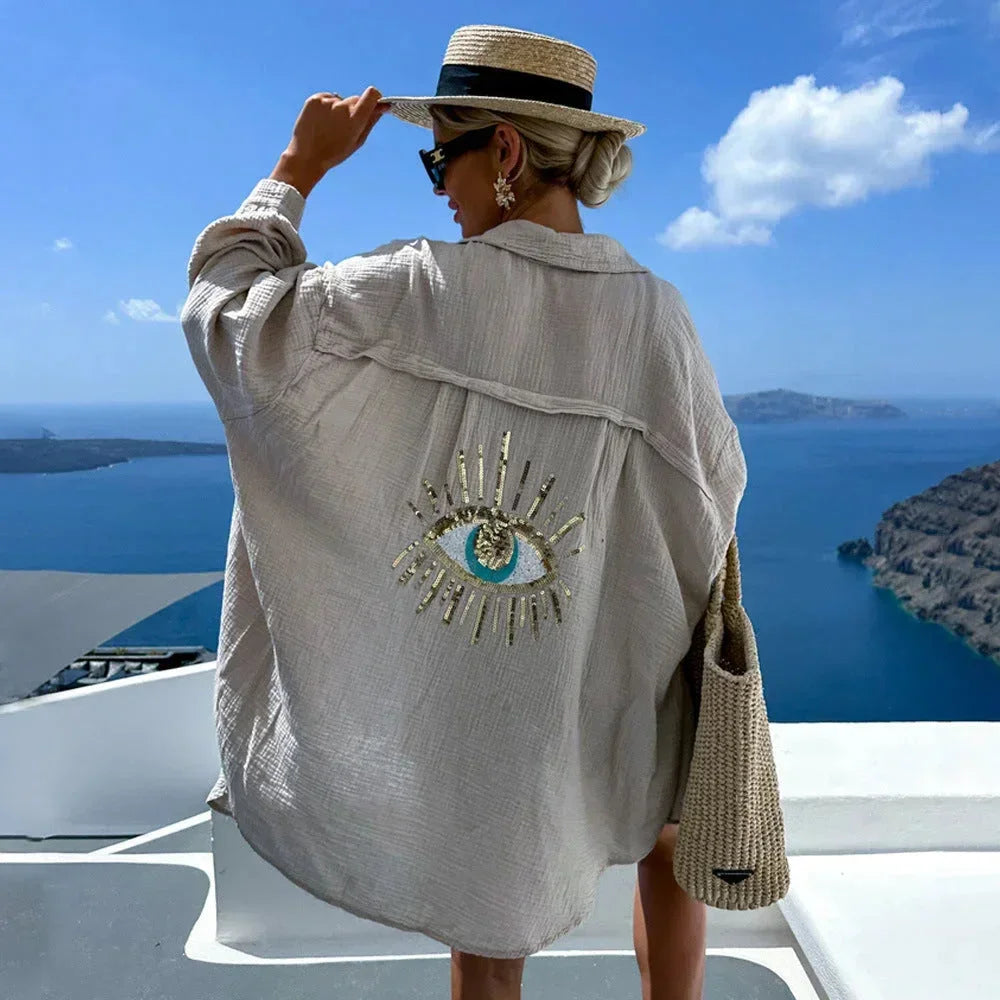 Blusa donna oversize con motivo occhio ricamato