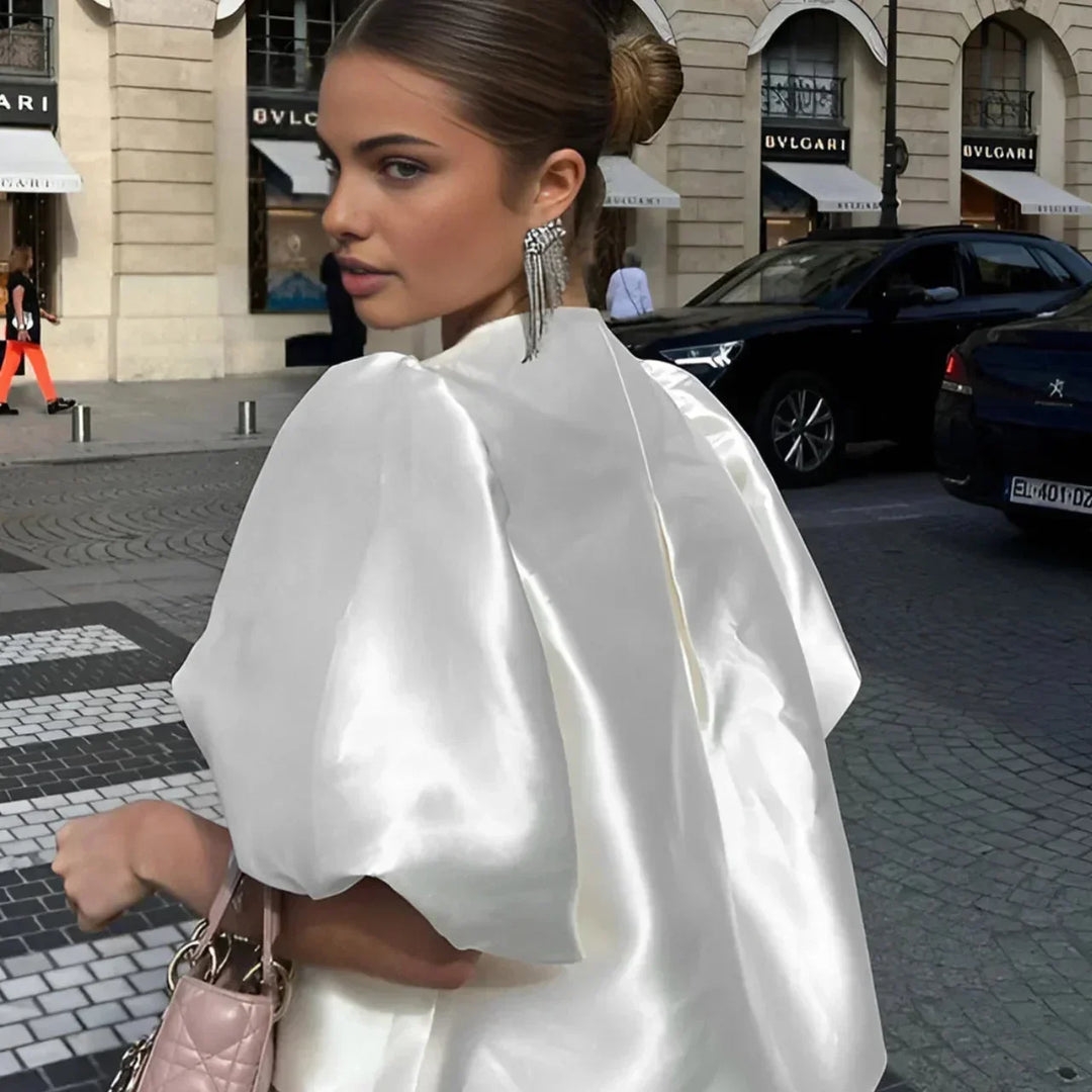 Blusa donna in satin bianco maniche a sbuffo
