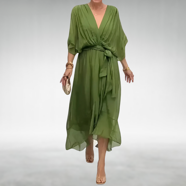 Vestito lungo da donna con scollo a V incrociato, maniche ampie, orlo asimmetrico