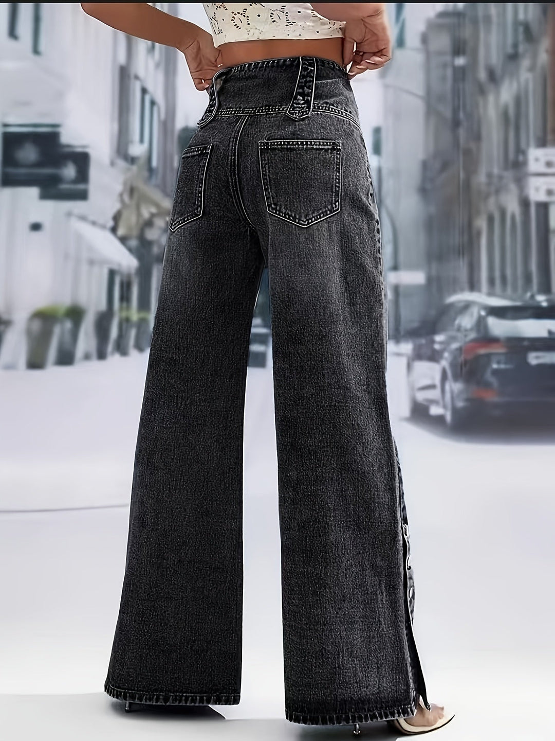 Rosalinda | Pantaloni Donna in Denim Scuro a Vita Alta e Gamba Larga