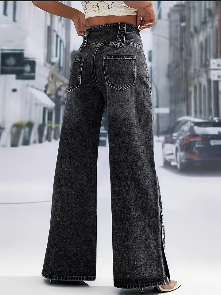 Rosalinda | Pantaloni Donna in Denim Scuro a Vita Alta e Gamba Larga