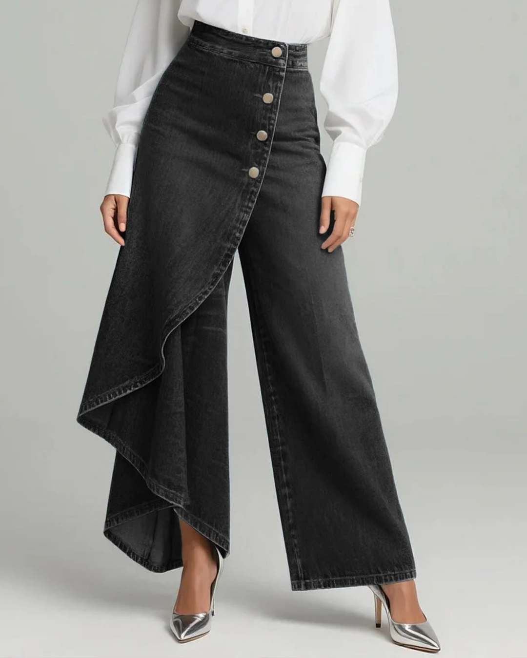 Adelaide | Pantaloni Donna in Denim Scuro a Vita Alta e Gamba Larga