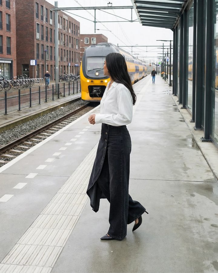Adelaide | Pantaloni Donna in Denim Scuro a Vita Alta e Gamba Larga